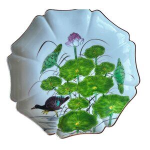 Vintage Japanese Hand-Painted Wall Plate With Duck & Lotus Design